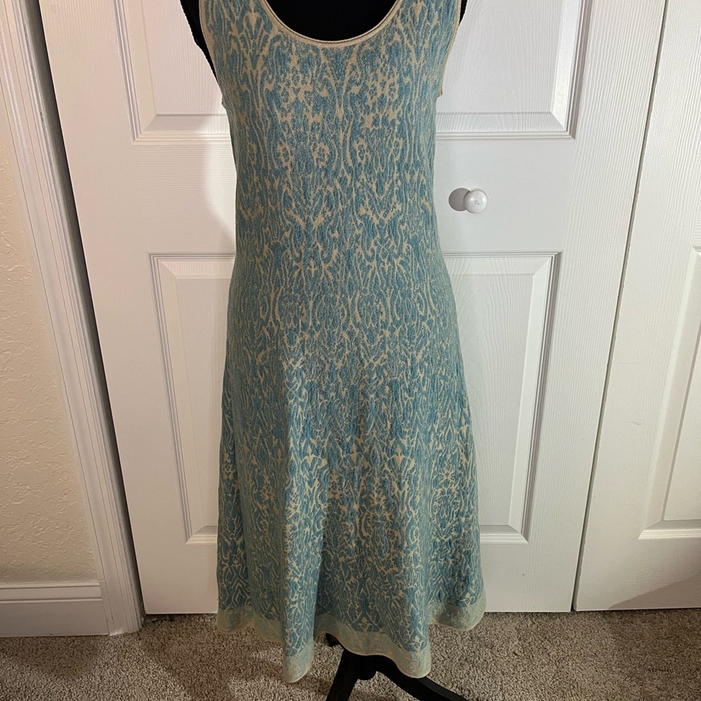 Peruvian Connection Pima Cotton Celtic Blue and Tan Sleeveless Dress Size Small